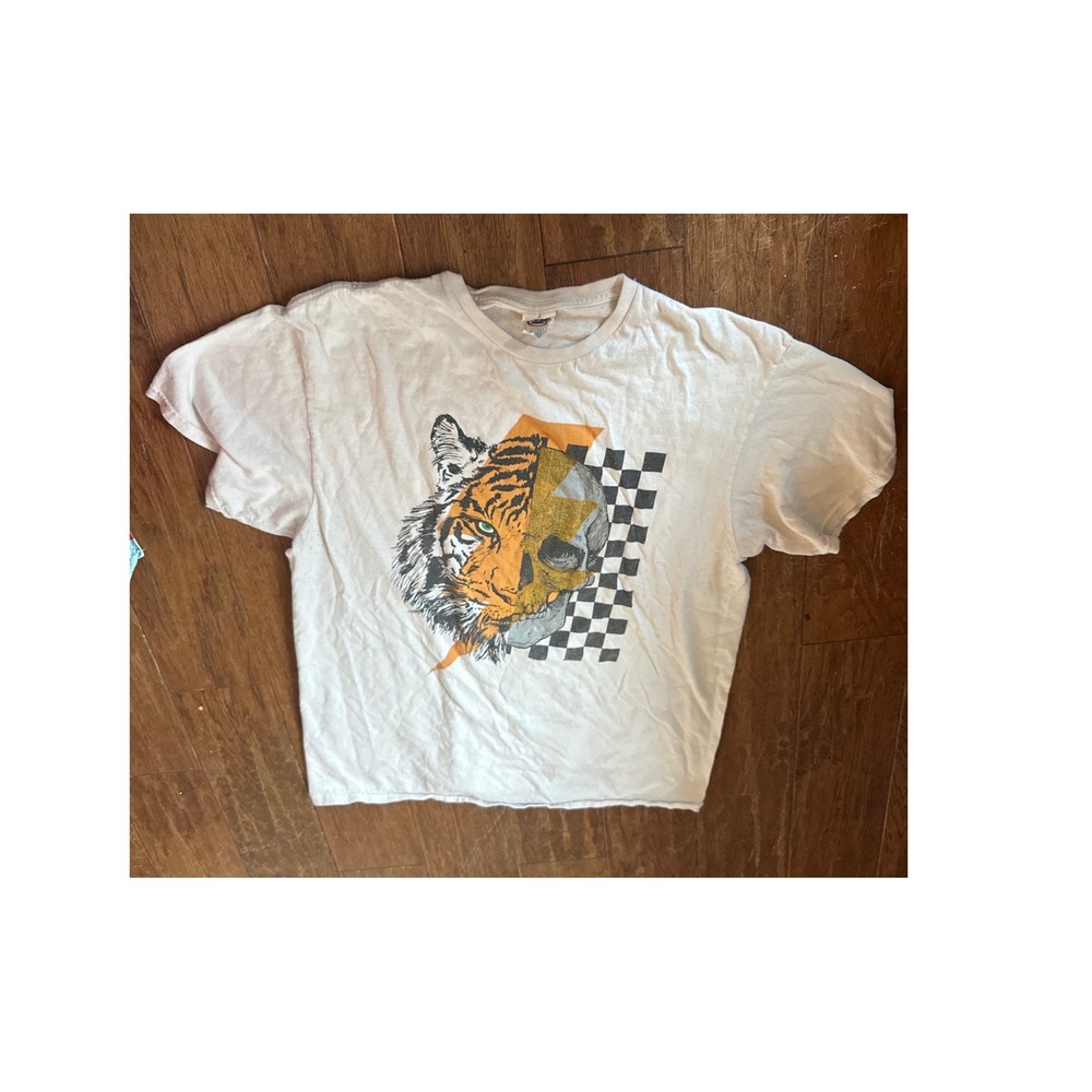 Delta Pro Weight Tiger Skull Graphic Tee Shirt vintage Mens Large Cropped Raw